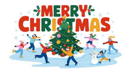 Joyful Christmas Celebration: A vibrant scene of people ice skating and playing in the snow, celebrating the festive spirit with a decorated Christmas tree and playful snowman. 