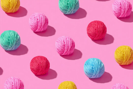 Top-down repeating pattern of colorful DMC thread skeins on pastel pink background, soft diffused light, subtle shadows, minimalist flatlay highlighting smooth texture and color.