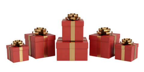 A collection of festive red gift boxes with gold ribbon and bows arranged on a black background