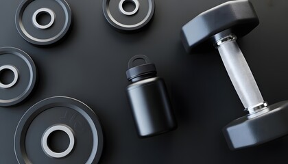 Fitness equipment including dumbbells and weight plates arranged on a dark background