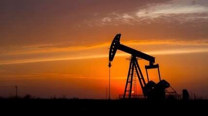 Silhouette of an oil pump jack against a vibrant sunset sky