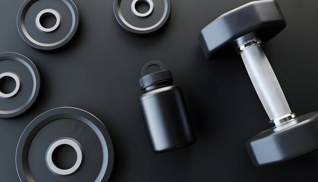 Fitness equipment including dumbbells and weight plates arranged on a dark background - Powered by Adobe