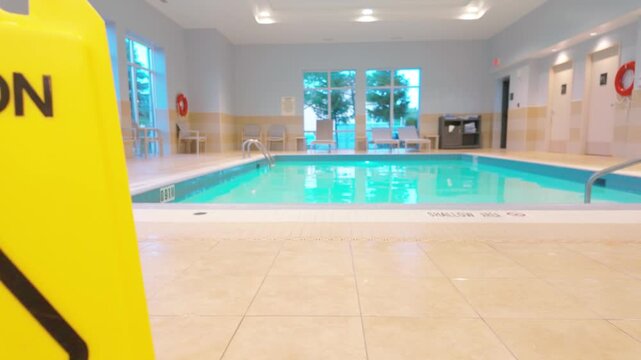 Bright yellow caution sign warns of a wet floor near an indoor pool. The pool area is calm and clean, highlighted by soft natural light.