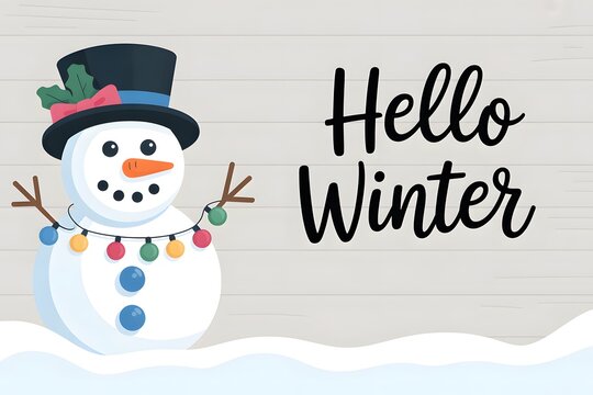 Cute snowman wearing a top hat and festive lights welcomes winter