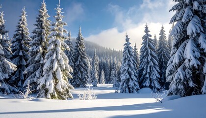 Winter forest scene with snow-covered evergreen trees. A sunny blue sky shines through the trees creating a bright, cold landscape