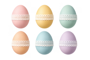 Colorful easter eggs with lace decoration transparent background
