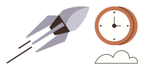 Rocket shooting forward beside clock and cloud. Ideal for innovation, productivity, time management, progress, future planning, ambition, efficiency themes. Simple flat metaphor