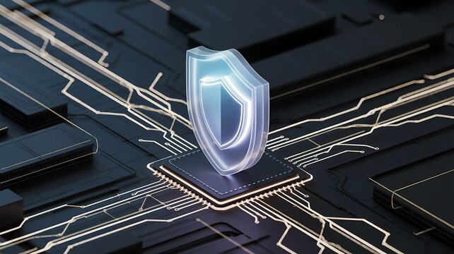 Glowing AI emblem with secure cyber grid