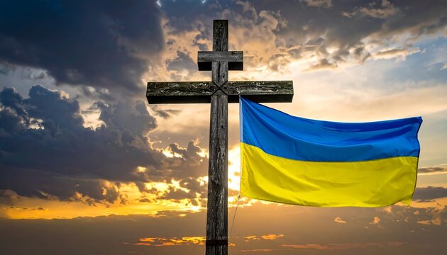 Wooden cross with the Ukrainian flag, against a dramatic sky with clouds and a sunset - Powered by Adobe