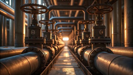 Industrial pipes and valves extending in rows under warm backlight in a factory environment