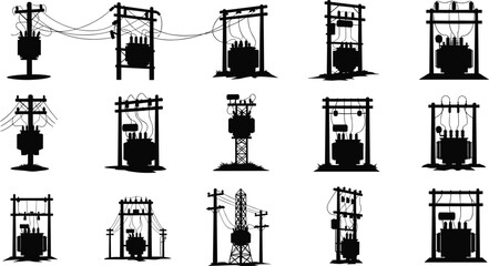 Silhouette vector illustration of electrical transformers on poles and platforms—power grid infrastructure, voltage system, energy distribution network layout for engineering reference