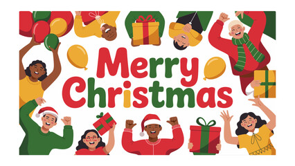Festive Christmas Celebration: diverse people, each holding presents, balloons, and wearing santa hats, celebrate the season of joy and togetherness with the greeting of Merry Christmas.
