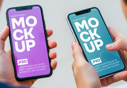 Mockup of closeup of two phone screens held by two 2 people
