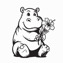 Cute Little Hippo Holding Flowers Image Vector on white background