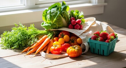 Reusable grocery bag filled with fresh organic vegetables from a local farmers market