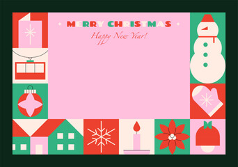 Christmas banner. Geometric festive grid pattern with traditional xmas holiday symbols for greeting card, poster, invitation, modern minimal abstract background. Vector illustration