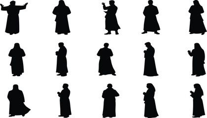 Robed figure silhouette, black graphic, vector illustration, spiritual gesture, religious posture, cultural icon, expressive stance, contemplative pose, tradition, characterRobed figure silhouette,