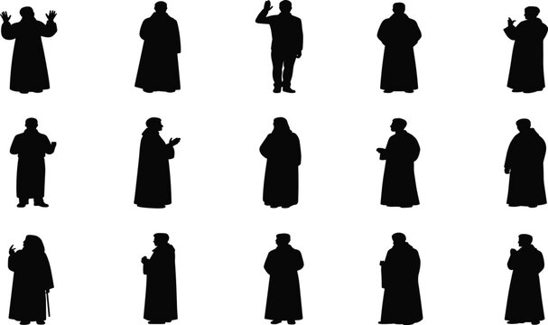 Robed figure silhouette, black graphic, vector illustration, spiritual pose, gesture icon, religious attire, contemplative stance, cultural character, expressive postureRobed figure silhouette, 