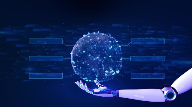 Futuristic Robot hand Digital Globe HUD Interface Big Data Technology Background. technology background, internet global network connection, big data networking, data science, futuristic, innovative - Powered by Adobe