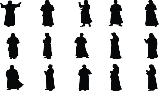 Robed figure silhouette, black graphic, vector illustration, spiritual gesture, religious posture, cultural icon, expressive stance, contemplative pose, tradition, characterRobed figure silhouette,