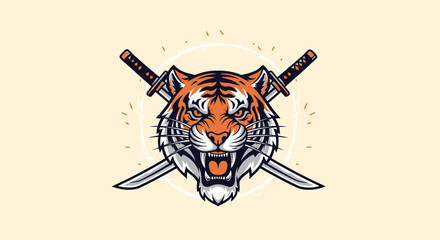 A fierce tiger head with crossed swords, displaying aggressive expression.