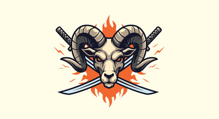 A ram's head with crossed swords behind it, set against a backdrop of stylized flames.