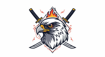 A stylized illustration featuring an eagle head, crossed swords, and flames.