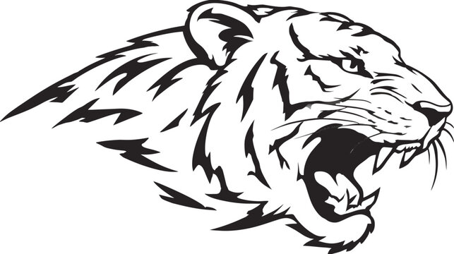 Fierce Roaring Tiger Head Vector Illustration with Open Mouth and Fangs in Black and White Monochrome Style