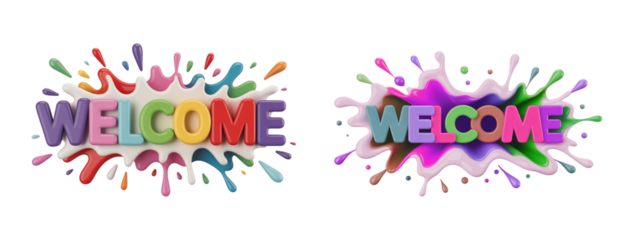 Colorful welcome signs with paint splashes offer a vibrant and inviting greeting on transparent background