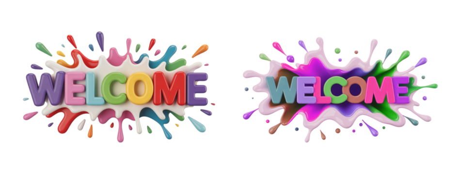 Colorful welcome signs with paint splashes offer a vibrant and inviting greeting on transparent background