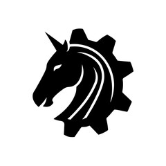 Unicorn head with gear art on transparent background silhouette