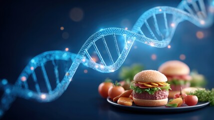 Personalized Nutrition Science Concept. A futuristic burger plate with DNA strands, blending food and science, symbolizes the intersection of nutrition and genetic technology.