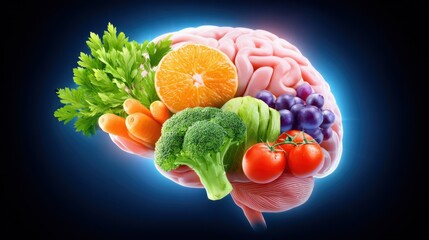 Personalized Nutrition Science Concept. A creative representation of a brain filled with various fruits and vegetables, symbolizing health and nutrition's impact on mental function.