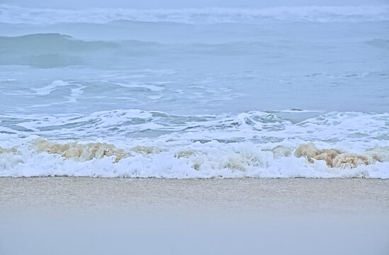 Foggy beach along the Atlantic ocean on a summer morning in Over, Portugal 