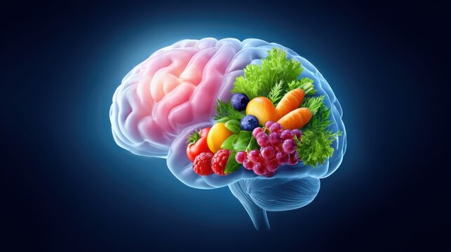 Personalized Nutrition Science Concept. A colorful brain illustration filled with various fruits and vegetables, symbolizing the connection between nutrition and mental health.