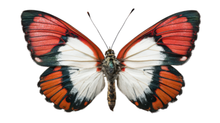 Vibrant butterfly with detailed symmetrical wings featuring red white and black patterns displayed in high-resolution natural insect macro style on white background