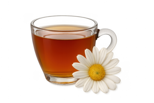 Chamomile tea in glass cup with flower transparent background