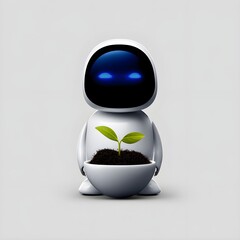 Eco-friendly robot planting a small sapling on white background, representing sustainability, green technology, and environmental robotics.