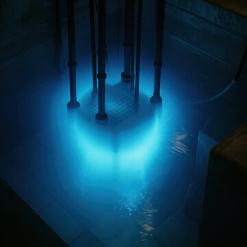 A Nuclear Reactor Core Emitting an Ethereal Blue Glow Under Water