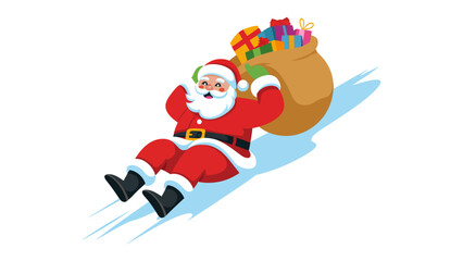 Santa's Jolly Descent: A cheerful holiday figure glides down a snowy slope, laden with a bulging sack filled with brightly wrapped gifts, embodying the festive spirit of giving and joy.