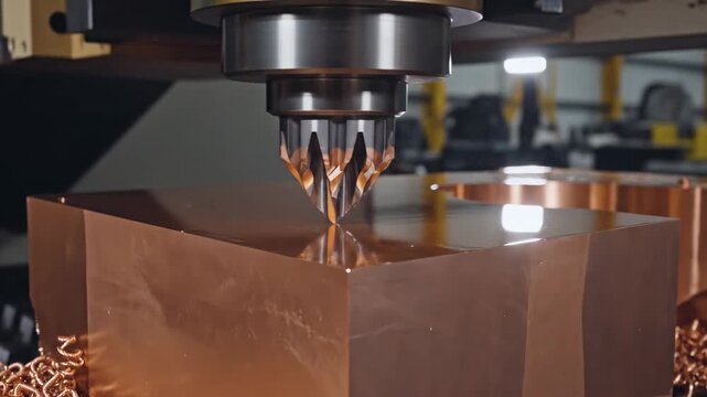 Close-up of CNC milling machine carving copper sheet in workshop.