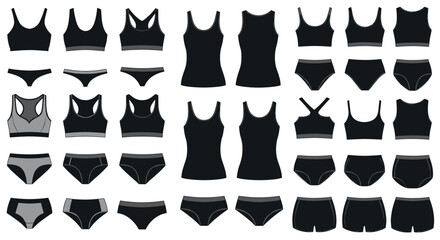 Extensive collection of black technical sketch templates for women's sportswear and underwear, including bras, tops, and shorts.