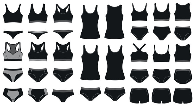 Extensive collection of black technical sketch templates for women's sportswear and underwear, including bras, tops, and shorts.