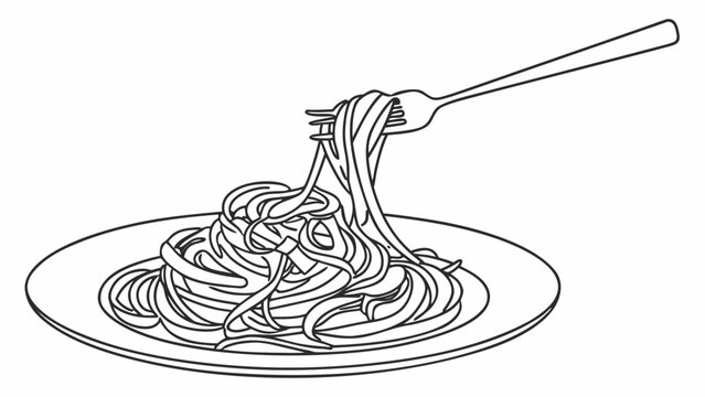 Delicious spaghetti twirled on a fork, a simple line art drawing perfect for culinary designs and restaurant menus