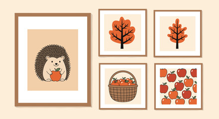 Charming collection of five framed wall art prints with a cozy autumn theme, featuring a hedgehog, apples, and fall trees.