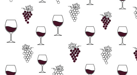 Elegant and simple seamless pattern with glasses of red wine and bunches of grapes, perfect for winery or restaurant backgrounds.