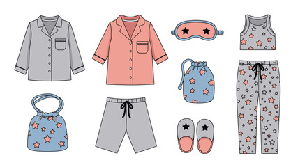 Cozy collection of women's pajama sets and sleep accessories, including a sleep mask, slippers, and matching drawstring bags.