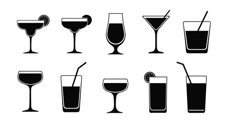 Comprehensive set of black silhouette icons for various cocktail and drink glasses, including martini, margarita, and highball styles.
