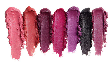 Collection of multicolored lipstick smears arranged in textured vibrant swatches showcasing glossy cosmetic pigments and bold makeup colors on white background