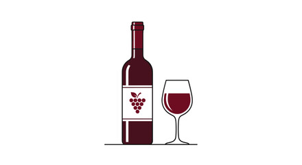 Classic and elegant illustration of a bottle of red wine with a grape logo on the label, presented next to a half-full glass.